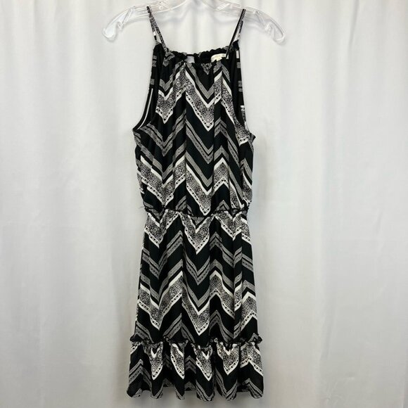 Love Fire Womens Sundress Black Chevron Lined Jewel Neck Sleeveless Ruffle Hem S - Picture 1 of 11